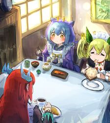  3girls apron back blue_hair blue_kimono bread bread_slice coffee croissant dragon_girl dragon_horns duel_monster eating fish food green_hair hatano_kiyoshi highres horns japanese_clothes kimono kitchen_dragonmaid laundry_dragonmaid long_hair maid maid_apron maid_headdress miso_soup multiple_girls parlor_dragonmaid redhead solo_focus table tea toast twintails wa_maid yu-gi-oh! 