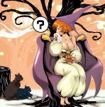  barefoot blue_eyes boots breasts capcom cape cat chair claws cleavage cup dress halloween hat inugami_mokekiyo looking_back moon orange_hair outdoors pumpkin red_earth redhead short_hair sitting tabasa tea teacup tessa tree warzard witch witch_hat 