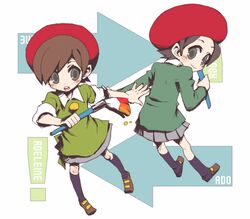  2girls adeleine ado arrow art_brush beret directional_arrow hat hoshi_no_kirby hoshi_no_kirby_3 hoshi_no_kirby_64 kirby&#039;s_dream_land_3 kirby_(series) kirby_64 nintendo paintbrush short_hair 