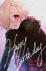  1girl artist_request bad_id bad_twitter_id black_hoodie black_panties blonde_hair blush ear_piercing hair_over_one_eye happy_birthday highres hood hoodie idolmaster idolmaster_cinderella_girls looking_at_viewer panties piercing pink_eyes shirasaka_koume short_hair skirt sleeves_past_fingers sleeves_past_wrists smile solo underwear 