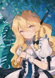  1girl black_bow blonde_hair bow braid commentary dress highres holding holding_umbrella kirisame_marisa leaf long_hair looking_at_viewer no_headwear puffy_short_sleeves puffy_sleeves short_sleeves single_braid smile solo touhou twitter_username uchisaki_himari umbrella upper_body white_dress wrist_cuffs yellow_eyes 