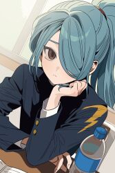  1boy arm_up black_jacket blue_hair bottle brown_eyes buttoned_cuffs buttons chair classroom closed_mouth curled_fingers desk ebi_(shrimp_eleven) frown gakuran hair_over_one_eye hair_tie hand_on_another&#039;s_face head_rest highres inazuma_eleven_(series) inazuma_eleven_go jacket kazemaru_ichirouta layered_sleeves long_hair long_sleeves looking_to_the_side male_focus notebook one_eye_covered ponytail school_desk school_uniform sideways_glance sitting solo water_bottle window 