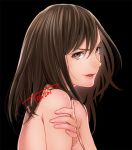  1girl artist_name bangs bare_shoulders black_background breasts brown_eyes brown_hair from_side holding_own_arm large_breasts original parted_lips signature topless touzai 