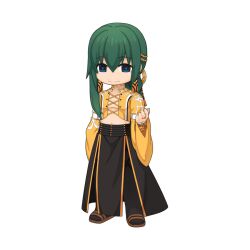  1boy black_pants black_skirt blue_eyes brown_footwear chibi chibi_only closed_mouth cross-laced_clothes cross-laced_top earrings floating_earring full_body gold_choker gold_trim green_hair imril jewelry long_hair looking_at_viewer low_ponytail male_focus navel_peek official_art pants pants_under_skirt ragnarok_online sandals shirt simple_background single_sidelock skirt smile solo transparent_background wide_sleeves yellow_shirt yuichirou 