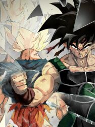  2girls bardock black_eyes black_hair black_pants blonde_hair blue_shirt clenched_hand closed_mouth commentary_request dougi dragon_ball dragon_ball_z father_and_son headband highres looking_at_viewer multiple_girls muscular muscular_male orange_pants pants pato007711 red_headband red_wristband saiyan saiyan_armor serious shirt son_goku spiky_hair super_saiyan super_saiyan_1 torn_clothes 