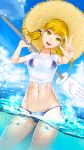  1girl 1q_(madoromi_minority) absurdres blonde_hair breasts commentary_request giant_hand groin happy highres long_hair looking_at_viewer medium_breasts navel ocean open_mouth smile solo star_ocean star_ocean_anamnesis star_ocean_till_the_end_of_time swimsuit twintails welch_vineyard yellow_eyes 