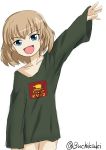  1girl :d bangs blonde_hair blue_eyes buchikaki commentary cowboy_shot eyebrows_visible_through_hair fang girls_und_panzer green_shirt ground_vehicle head_tilt highres katyusha kv-2 looking_at_viewer military military_vehicle motor_vehicle no_pants open_mouth oversized_clothes print_shirt shirt short_hair simple_background sleeves_past_wrists smile solo standing tank twitter_username white_background 