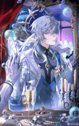  1boy absurdres against_glass alcohol badge blue_pupils blue_vest broken_mirror bubble candelabra candle candlestand champagne champagne_flute cross cup curtains drinking_glass earrings eye_symbol feather_trim flower gloves grey_hair grey_shirt hair_between_eyes halo halo_behind_head hand_on_glass head_rest head_wings highres honkai:_star_rail honkai_(series) jacket jewelry jiuchuansi long_sleeves looking_at_viewer male_focus medium_hair mirror multiple_rings necklace open_clothes open_jacket parted_lips pearl_necklace plant profile reflection reflection_focus ring shirt sideways_glance smile solo spiked_halo sunday_(honkai:_star_rail) table turtleneck unworn_jewelry unworn_necklace upper_body vanity_table vest weibo_logo weibo_watermark white_flower white_gloves white_jacket white_wings wings yellow_eyes 