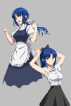  1girl alternate_costume alternate_hair_length alternate_hairstyle apron armpits blue_eyes breasts ciel clenched_hands grey_background high_ponytail highres long_hair low_ponytail medium_breasts multiple_views oceanbellereine smile tsukihime type-moon 