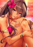  1girl armlet artist_name beach bikini blue_nails blush bracelet breasts brown_hair cleavage collarbone criss-cross_halter earrings flower hair_between_eyes hair_flower hair_intakes hair_ornament halterneck hand_on_own_knee highres hoop_earrings jewelry kantai_collection knees_up large_breasts lips long_hair looking_at_viewer nail_polish o-ring o-ring_bikini open_mouth pink_bikini ring sakiyamama sidelocks smile solo sunset swimsuit tan tanline thigh_strap very_long_hair violet_eyes yamato_(kantai_collection) 
