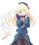  1girl atago_(kantai_collection) beret black_gloves blonde_hair blush breasts eyebrows_visible_through_hair gloves green_eyes hair_between_eyes hat jacket kantai_collection large_breasts long_hair looking_at_viewer military military_uniform nabenofutahiwa one_eye_closed open_mouth pantyhose party_popper simple_background skirt smile solo tailcoat uniform white_background 