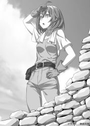  1girl :o ahoge bag belt breasts broken_fence clouds cloudy_sky collarbone cow_girl_(goblin_slayer!) cow_girl_(goblin_slayer_year_one) goblin_slayer! goblin_slayer_year_one! hair_between_eyes handbag kannatsuki_noboru monochrome official_alternate_costume official_art outdoors overalls shirt short_hair sky small_breasts solo towel 