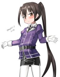  1girl absurdres aged_down belt black_belt black_hair black_skirt brown_eyes dated flat_chest gloves highres jacket kantai_collection long_hair maru_(marg0613) nachi_(kancolle) nachi_kai_ni_(kancolle) one-hour_drawing_challenge pantyhose pencil_skirt purple_jacket side_ponytail simple_background skirt solo twitter_username white_background white_gloves white_pantyhose 