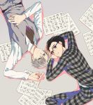  2boys black_hair blazer blue-framed_eyewear blue_eyes brown_eyes checkered from_above glasses hair_slicked_back jacket katsuki_yuuri kuroemon lying male_focus multiple_boys necktie on_back on_side sheet_music silver_hair smile viktor_nikiforov waistcoat yuri!!!_on_ice 