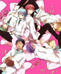  6+boys akashi_seijuurou aomine_daiki aqua_shirt black_necktie blonde_hair blue_eyes blue_hair cardigan coat collared_shirt formal glasses green_hair kise_ryouta krk-anise kuroko_no_basuke kuroko_tetsuya long_sleeves male_focus midorima_shintarou multiple_boys murasakibara_atsushi necktie open_mouth pink_background purple_hair redhead shirt short_hair simple_background sleeping star_(symbol) teeth unworn_eyewear white_cardigan white_coat 