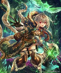  1girl black_gloves black_legwear braid breasts brown_dress brown_feathers cleavage day dress floating_hair forest gloves hair_ornament highres holding holding_weapon leaning_forward long_hair madogawa medium_breasts nature open_mouth outdoors outstretched_arms poleaxe red_eyes shadowverse silver_hair solo standing thigh-highs very_long_hair weapon 