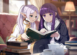  2girls black_coat black_pantyhose blurry blurry_background book book_stack bookshelf capelet closed_mouth coat commentary_request couch crossed_legs cup day dress earrings elf fern_(sousou_no_frieren) frieren gold_trim green_eyes grey_hair hair_over_shoulder holding holding_book indoors jewelry lamp lampshade light_blush light_rays long_pointy_ears long_sleeves multiple_girls nyoro_(nyoronyoro000) on_couch open_book open_clothes open_coat open_mouth pantyhose parted_bangs pointy_ears purple_hair purple_pupils reading saucer short_eyebrows sidelocks sitting sousou_no_frieren sunbeam sunlight teacup teapot thick_eyebrows twintails violet_eyes white_capelet white_dress window 