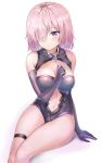  1girl absurdres black_gloves blush breasts closed_mouth elbow_gloves eyebrows_visible_through_hair fate/grand_order fate_(series) gloves hair_over_one_eye highres large_breasts mash_kyrielight navel pink_eyes pink_hair sitting solo sunhyun thigh_strap white_background 