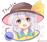  blue_eyes blush commentary_request crystal english eyebrows_visible_through_hair flower hat heart highres komeiji_koishi one_eye_closed open_mouth ramudia_(lamyun) short_hair silver_hair simple_background smile third_eye touhou twitter_username upper_body white_background 