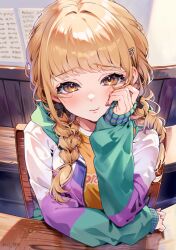  1girl arm_rest blonde_hair blush braid commentary_request fujita_kotone gakuen_idolmaster hair_ribbon hood hooded_jacket idolmaster jacket long_hair looking_at_viewer multicolored_clothes multicolored_jacket ribbon shinima shirt sitting solo twin_braids twitter_username yellow_eyes yellow_shirt 