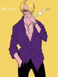  1boy abunaideka black_pants blonde_hair bracelet commentary_request cowboy_shot curly_eyebrows hair_over_one_eye hand_in_pocket highres jewelry looking_ahead male_focus one_piece pants purple_shirt sanji_(one_piece) shirt short_hair simple_background smoke solo sunglasses twitter_username yellow_background 