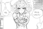  1girl blush collared_dress curly_hair greyscale highres long_sleeves looking_at_viewer monochrome offering one-punch_man sgb short_hair solo_focus tatsumaki translation_request 