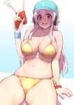  1girl :d angelo_(gomahangetsu) arm_at_side arm_support baseball_cap bikini blush bracelet breasts cleavage collarbone commentary_request eyebrows_visible_through_hair hair_between_eyes hat headphones highres jewelry large_breasts long_hair looking_at_viewer megaphone navel nitroplus open_mouth pink_hair red_eyes side-tie_bikini sidelocks sitting skindentation smile solo stomach super_sonico swimsuit wristband yellow_bikini 