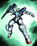  energy_sword full_body glowing green_eyes gundam gundam_00 gundam_exia highres ishiyumi mecha shield solo space sword weapon 