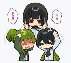  &gt;_&lt; 1girl 2boys arms_up ascot black_ascot black_hair blush bob_cut brooch closed_eyes coat coat_on_shoulders crying gem green_coat green_gemstone hagan_tw hitting jewelry librarian_(project_moon) library_of_ruina limbus_company long_sleeves multiple_boys netzach_(project_moon) open_mouth project_moon red_eyes ryoshu_(project_moon) short_hair speech_bubble translation_request upper_body yi_sang_(project_moon) 