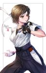  1girl alternate_costume artist_request breasts brown_eyes brown_hair commentary_request dougi fighting_stance fingerless_gloves gloves hakama headband hip_vent japanese_clothes kazama_asuka shirt short_hair solo t-shirt tekken tekken_5 