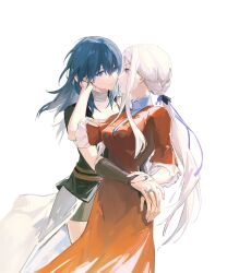 2girls absurdres blue_eyes breasts byleth_(female)_(fire_emblem) byleth_(fire_emblem) closed_mouth dress edelgard_von_hresvelg fire_emblem fire_emblem:_three_houses fire_emblem_warriors:_three_hopes hair_ornament hair_ribbon highres long_hair multiple_girls ponytail ribbon smile sxnhinata violet_eyes white_hair yuri 