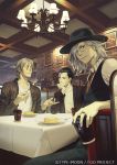  3boys antonio_salieri_(fate/grand_order) black_hair chin_rest closed_eyes coffee contemporary eating edmond_dantes_(fate/grand_order) fate/grand_order fate_(series) fedora fork glasses grey_hair hair_slicked_back hat jewelry multiple_boys necktie official_art plate ring sherlock_holmes_(fate/grand_order) table watermark yuu_kikuchi 