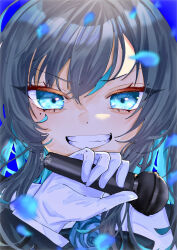  1girl ado_(utaite) black_bow black_bowtie black_hair blue_eyes blue_flower blue_hair blue_rose blurry bow bowtie chando_(ado) clenched_teeth colored_inner_hair commentary_request depth_of_field falling_petals flower flower_brooch gloves hand_up highres holding holding_microphone long_hair long_sleeves looking_at_viewer microphone mole mole_under_eye multicolored_hair petals portrait rose signature solo streaked_hair teeth utaite white_gloves yowai_sansei831 