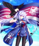  1girl azur_lane bird blue_hair bubble commentary_request eagle essex_(azur_lane) fingerless_gloves flag gloves jacket long_hair looking_at_viewer mikoto_(mikoto_r_a) necktie pantyhose red_eyes sleeveless star twintails 