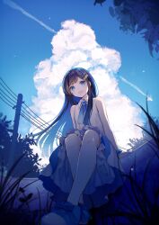  1girl :d black_hair blue_bow blue_footwear blue_hair blue_ribbon blue_sky bow cevio clouds collared_dress colored_inner_hair commentary_request cross-laced_footwear day dress footwear_bow frilled_dress frills full_body futaba_minato hair_ornament hairclip hairpin highres hitoba long_hair looking_at_viewer medium_bangs medium_dress multicolored_hair neck_ribbon open_mouth power_lines ribbon sitting sky sleeveless sleeveless_dress smile solo teeth upper_teeth_only white_dress 