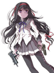  1girl akemi_homura akemi_homura_(magical_girl) argyle_clothes argyle_legwear black_hair black_pantyhose blue_ribbon commentary dutch_angle grey_skirt gun hair_ribbon handgun highres holding holding_gun holding_weapon iwi_jericho_941 long_hair mac-10/11 mahou_shoujo_madoka_magica mahou_shoujo_madoka_magica_(anime) marutaya neck_ribbon pantyhose pleated_skirt red_ribbon ribbon simple_background skirt solo standing submachine_gun violet_eyes weapon white_background 