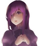  1girl black_neckwear emi-tan eyes_visible_through_hair hair_over_one_eye hands_together ikezawa_hanako juliet_sleeves katawa_shoujo long_hair long_sleeves looking_at_viewer no_scar parted_lips puffy_sleeves purple_hair simple_background solo upper_body violet_eyes white_background 