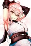  1girl ahoge armpits arms_up black_gloves blush elbow_gloves fafas68 fate/grand_order fate_(series) gloves looking_at_viewer no_nose obi okita_souji_(fate) okita_souji_(fate)_(all) pink_hair sash short_hair simple_background solo upper_body white_background yellow_eyes 