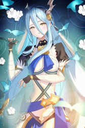  1girl absurdres azura_(fire_emblem) azura_(song&#039;s_reflection)_(fire_emblem) black_gloves blue_butterfly blue_hair blush bug butterfly commentary_request dragon_horns fake_horns fingerless_gloves fire_emblem fire_emblem_fates fire_emblem_heroes flower gloves hair_between_eyes highres horns looking_at_viewer official_alternate_costume partially_submerged solo user_mmyu8884 veil water white_flower yellow_eyes 