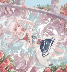  1girl arcaea arm_up bad_id bad_pixiv_id bare_arms blue_gemstone blue_skirt blue_sky blue_vest bow bowtie bush collared_shirt day diamond_(gemstone) expressionless feet floating flower frilled_shirt_collar frilled_skirt frilled_sleeves frills gem hair_spread_out high_collar hikari_(arcaea) holding holding_flower layered_skirt light_blush long_hair looking_up lying miniskirt mlshkr13 on_back on_liquid open_clothes open_skirt outdoors parted_lips petals pillar pink_eyes pink_flower pink_hair pink_rose pleated_skirt red_bow red_bowtie reflection reflective_water rose rose_petals shirt short_sleeves skirt skirt_set sky solo spring_(season) tree very_long_hair vest waist_bow white_shirt white_skirt 