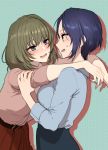  2girls :d blue_eyes blush breasts brown_hair collared_shirt eyebrows_visible_through_hair green_hair hayami_kanade hetero heterochromia hug idolmaster idolmaster_cinderella_girls medium_breasts mole mole_under_eye multiple_girls open_mouth sailor_collar shirt short_hair shoukaki_(earthean) skirt smile sweatdrop takagaki_kaede violet_eyes yellow_eyes 