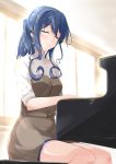  1girl blue_hair blurry closed_eyes commentary_request depth_of_field gotland_(kantai_collection) hair_between_eyes instrument kantai_collection long_hair mikage_takashi mole mole_under_eye music piano playing_instrument playing_piano ponytail seiyuu_connection sitting smile solo 