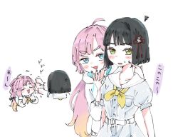  2girls :3 :d ahoge anger_vein anyoji_hime black_hair black_ribbon blonde_hair blue_eyes blunt_bangs blunt_ends blush_stickers breast_pocket cheek_poking chibi closed_eyes dress flower flower_knot gradient_hair green_eyes grey_dress hair_flower hair_ornament hair_ribbon hasu_no_sora_school_uniform hood hooded_jacket jacket link!_like!_love_live! long_hair love_live! momose_ginko moso_(expect66) multi-tied_hair multicolored_hair multiple_girls multiple_views neckerchief open_clothes open_jacket open_mouth pink_hair pleated_dress pocket poking ponytail puffy_short_sleeves puffy_sleeves ribbon sailor_collar sailor_dress school_uniform short_hair short_sleeves sidelocks simple_background smile squiggle summer_uniform swept_bangs translation_request upper_body very_long_hair virtual_youtuber white_background white_jacket white_sailor_collar yellow_neckerchief 