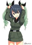  1girl anchovy anchovy_(cosplay) anzio_military_uniform arms_up bangs belt black_belt black_hair black_ribbon black_shirt braid brown_eyes buchikaki commentary_request cosplay cowboy_shot dress_shirt drill_hair girls_und_panzer grey_jacket grey_skirt grin hair_ribbon hands_on_own_head head_tilt highres holding jacket long_sleeves looking_at_viewer military military_uniform miniskirt partial_commentary pencil_skirt pepperoni_(girls_und_panzer) ribbon shirt short_hair side_braid simple_background skirt smile solo standing twin_drills twintails twitter_username uniform v-shaped_eyebrows white_background wig 