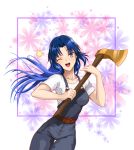  ;d alternate_costume axe blue_hair blush breasts ciel collarbone floral_background floral_print highres long_hair medium_breasts oceanbellereine one_eye_closed open_mouth overalls shirt smile t-shirt tsukihime white_shirt 
