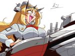  1girl 90s blonde_hair blue_eyes breasts choroli_(chorolin) flower headgear kantai_collection large_breasts long_hair long_sleeves machinery military military_uniform nelson_(kantai_collection) open_mouth parody red_flower red_rose rose signature simple_background solo style_parody uniform upper_body white_background 