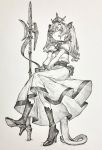  1girl cross crosshatching crown dress earrings hatching_(texture) high_heels highres jewelry looking_at_viewer mashimashi original sitting solo tail weapon 