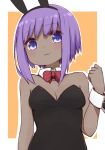 1girl :3 animal_ears bangs bare_shoulders black_leotard blush bow bowtie breasts bunny_girl bunnysuit cleavage dark_skin detached_collar eyebrows_visible_through_hair fake_animal_ears fate/grand_order fate/prototype fate/prototype:_fragments_of_blue_and_silver fate_(series) hairband hassan_of_serenity_(fate) headband i.u.y leotard looking_at_viewer purple_hair rabbit_ears short_hair sidelocks simple_background small_breasts solo strapless strapless_leotard violet_eyes wrist_cuffs 