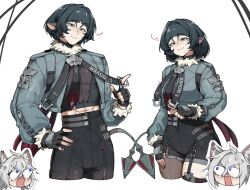 2boys 2girls :3 ahoge alohapz animal_ear_fluff animal_ears black_gloves black_shorts blue_eyes blush cat_boy cat_ears closed_mouth cowboy_shot fingerless_gloves fur-trimmed_jacket fur_trim genderswap genderswap_(ftm) genderswap_(mtf) gloves green_eyes green_hair grey_jacket hand_on_own_hip high-waist_shorts highres jacket jane_doe_(zenless_zone_zero) mouse_ears mouse_girl mouse_tail multiple_boys multiple_girls muscular muscular_male pantyhose seth_lowell short_hair shorts simple_background smile tail white_background zenless_zone_zero