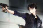  1boy black_hair black_jacket black_shirt blue_eyes collarbone gun hair_between_eyes holding holding_gun holding_weapon jacket joypyonn kudou_shin&#039;ichi male_focus meitantei_conan open_clothes open_jacket outstretched_arm parted_lips shirt solo unzipped upper_body weapon 